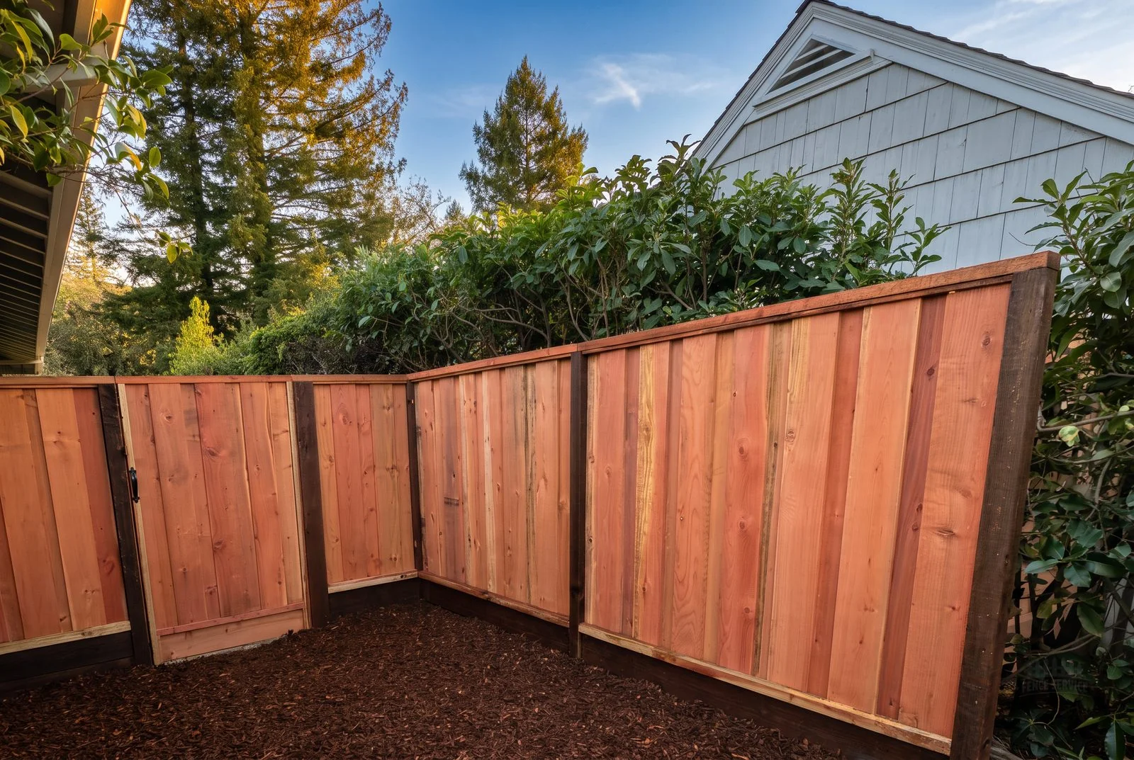 Cedar corner privacy fence with gate