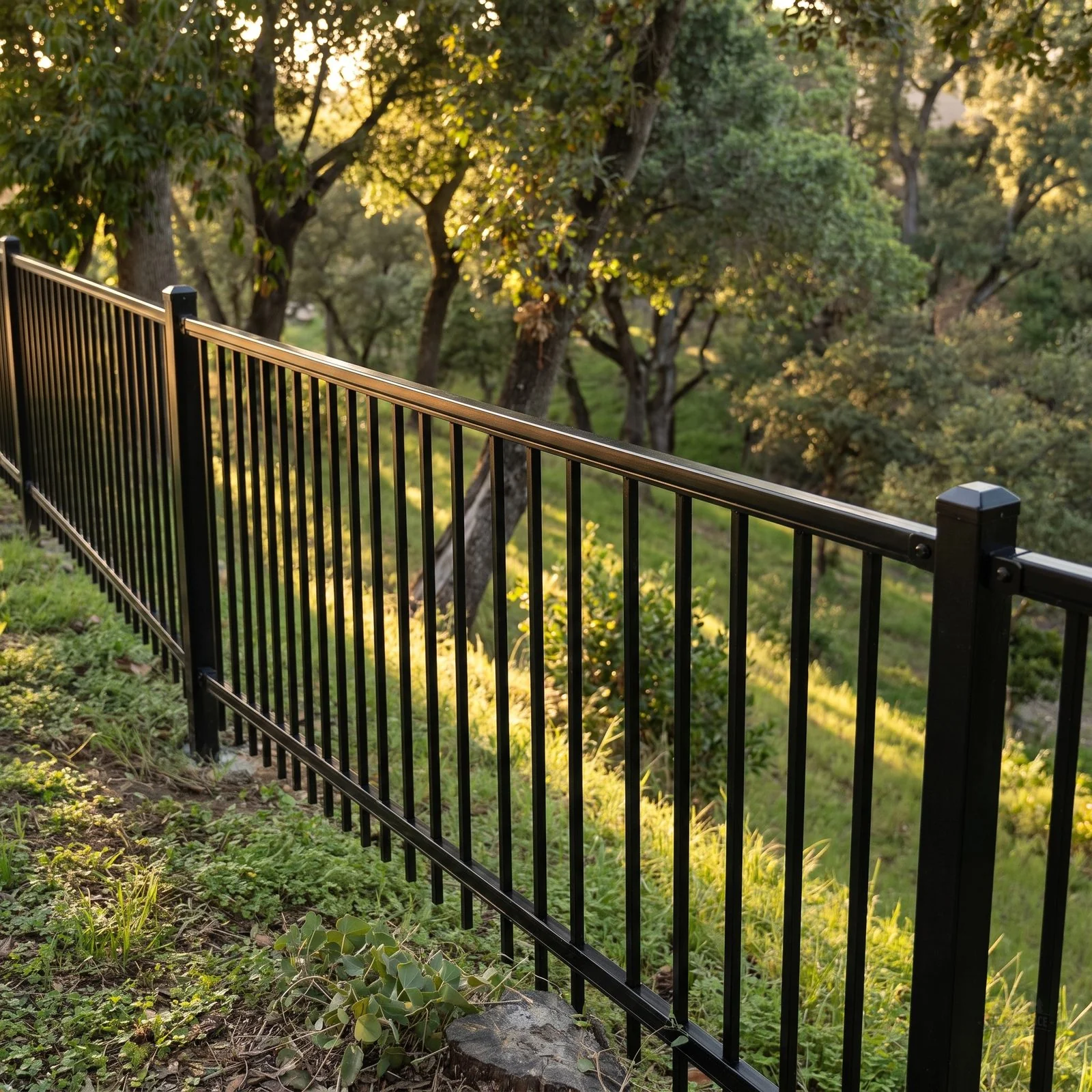 Black iron security fence on hillside